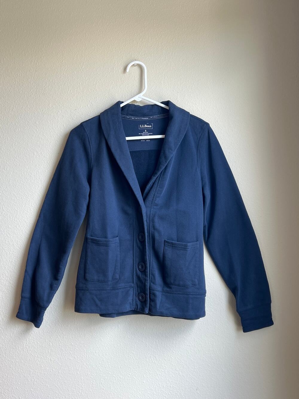 L.L. Bean Cotton Blend Fleece Shawl Collar Button Cardigan Jacket Small Navy